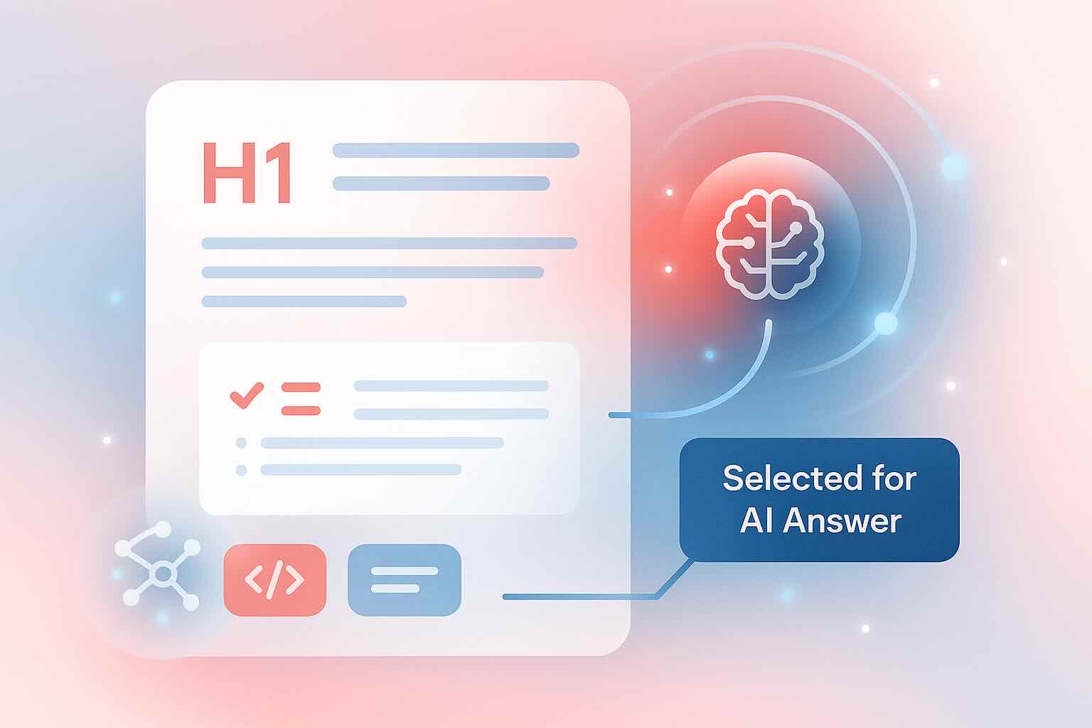 Illustration of structured website content being discovered and highlighted by AI with tags, schema icons, and glowing neural connections in coral and sky blue