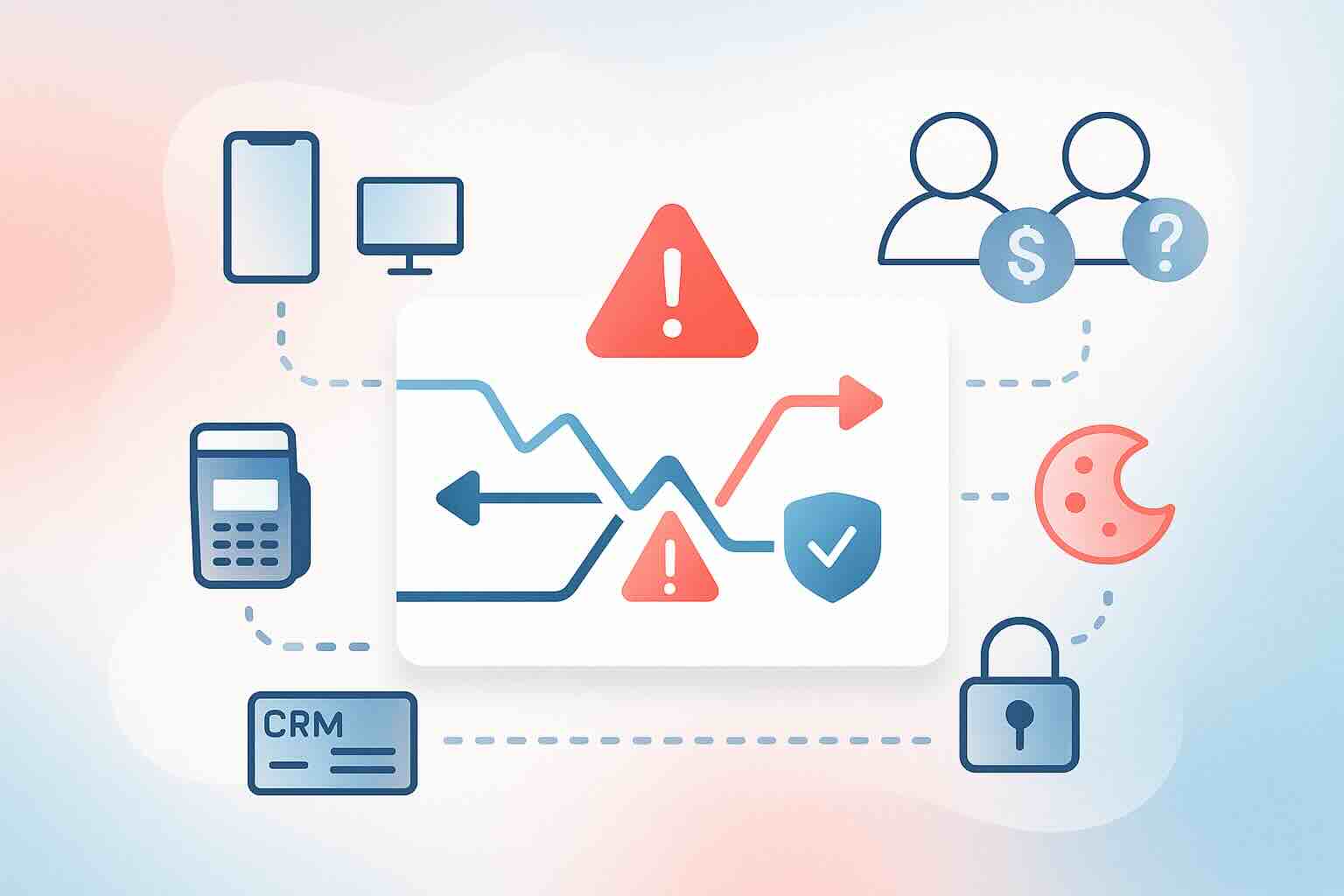 Illustration showing broken conversion tracking flow with icons for cross-device, offline gaps, low-quality leads, and data privacy issues